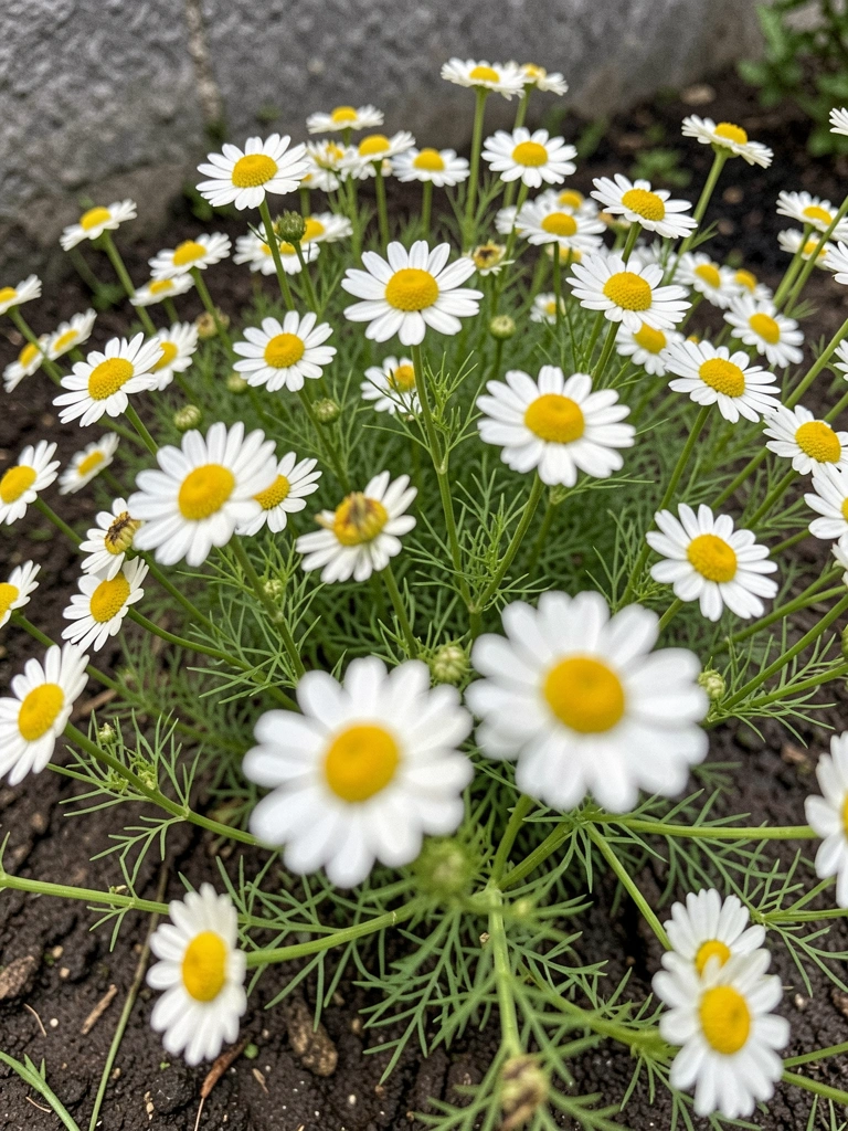 Flores de camomila brancas com miolo amarelo sob luz suave