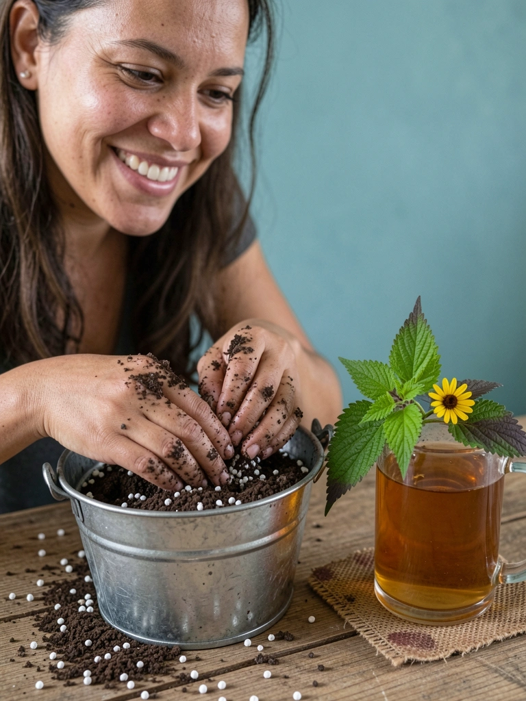 Mãos misturando terra e perlita em um balde plástico
