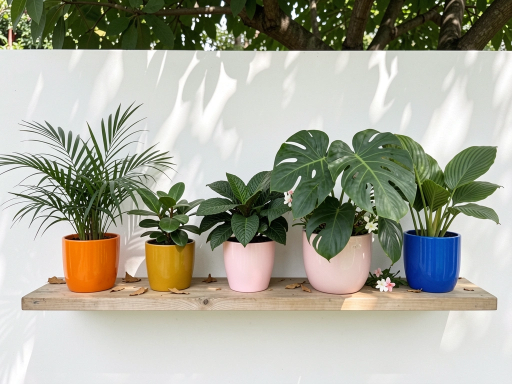 Jardim com vasos coloridos sob a sombra de uma árvore, flores variadas em canteiro