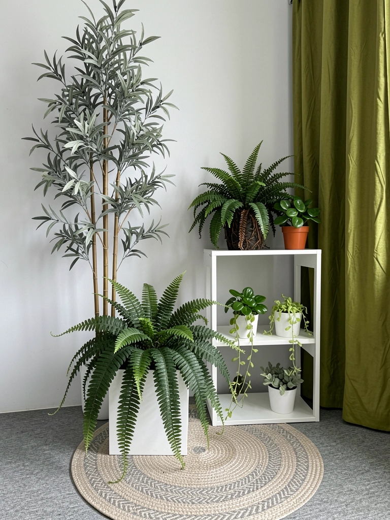 Plantas de sombra em vasos de cerâmica e plástico sobre mesa de madeira