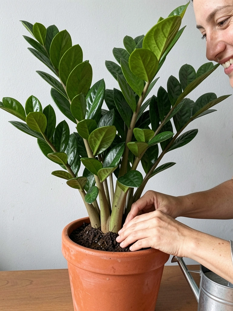 Mãos pressionando terra úmida em um vaso, com regador ao lado