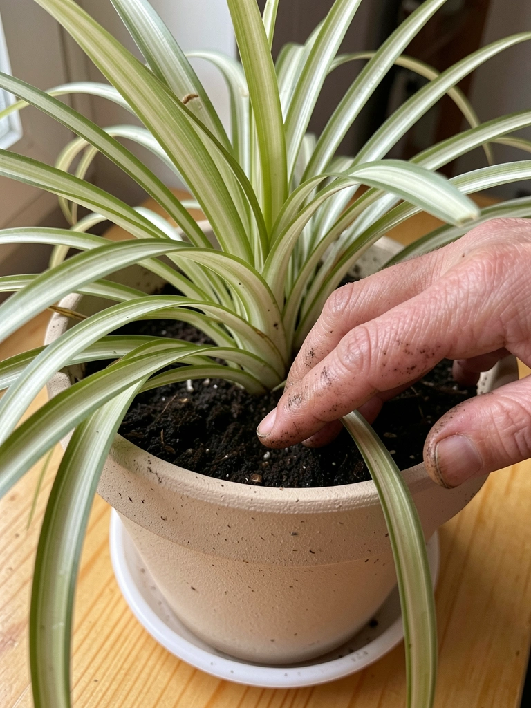 Mão tocando a terra úmida em vaso com planta
