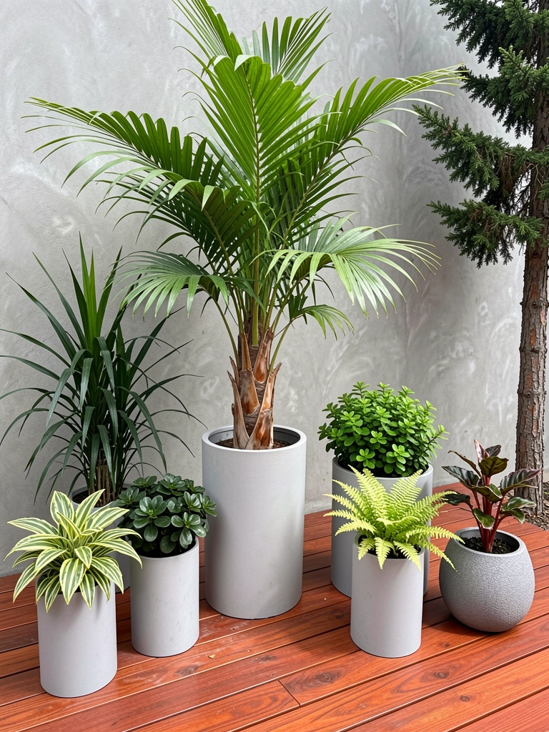 Vasos de cerâmica com plantas variadas alinhados na entrada de uma casa moderna, com luz natural suave.