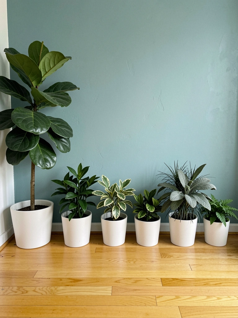Vasos de cerâmica com plantas variadas alinhados na entrada de uma casa, parede clara ao fundo, luz natural suave.