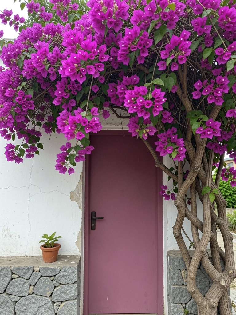 Vasos de cerâmica com plantas na entrada de uma casa moderna, fachada com madeira e concreto.