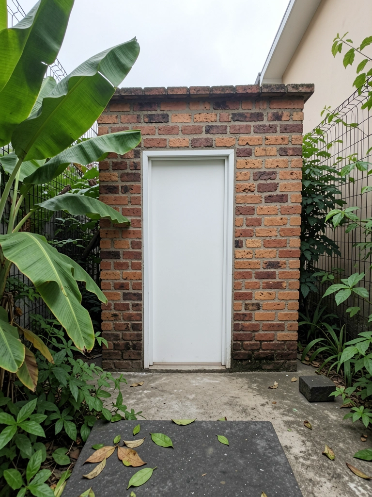 Vasos de cerâmica com plantas variadas alinhados na entrada de uma casa, parede clara ao fundo.