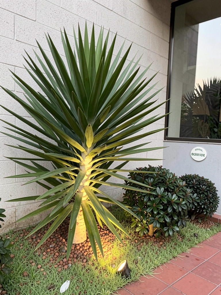 Vasos de cerâmica com plantas variadas alinhados na entrada de uma casa moderna