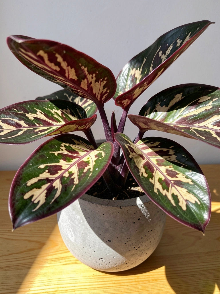 Prateleira de madeira com vasos de samambaia, zamioculca e jiboia sob luz fluorescente em parede de concreto.