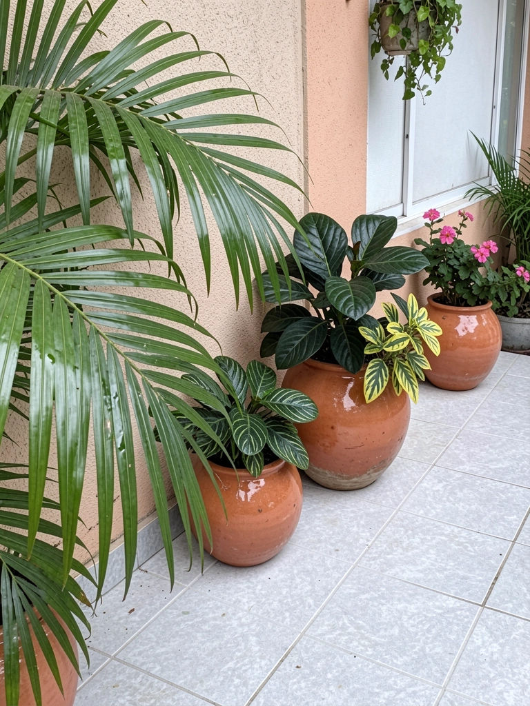 Vasos de cerâmica com plantas de folhagem verde sobre prateleira de madeira em parede de concreto.