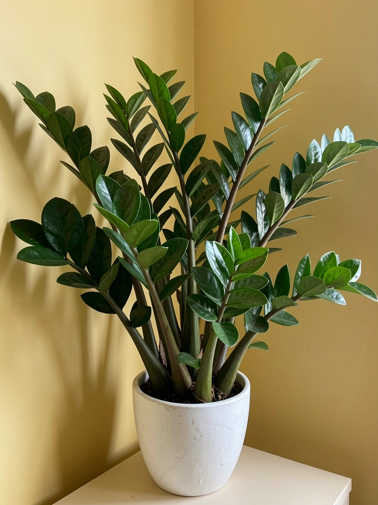 Vasos de cerâmica com plantas de folhagem verde sobre prateleira de madeira contra parede de concreto.