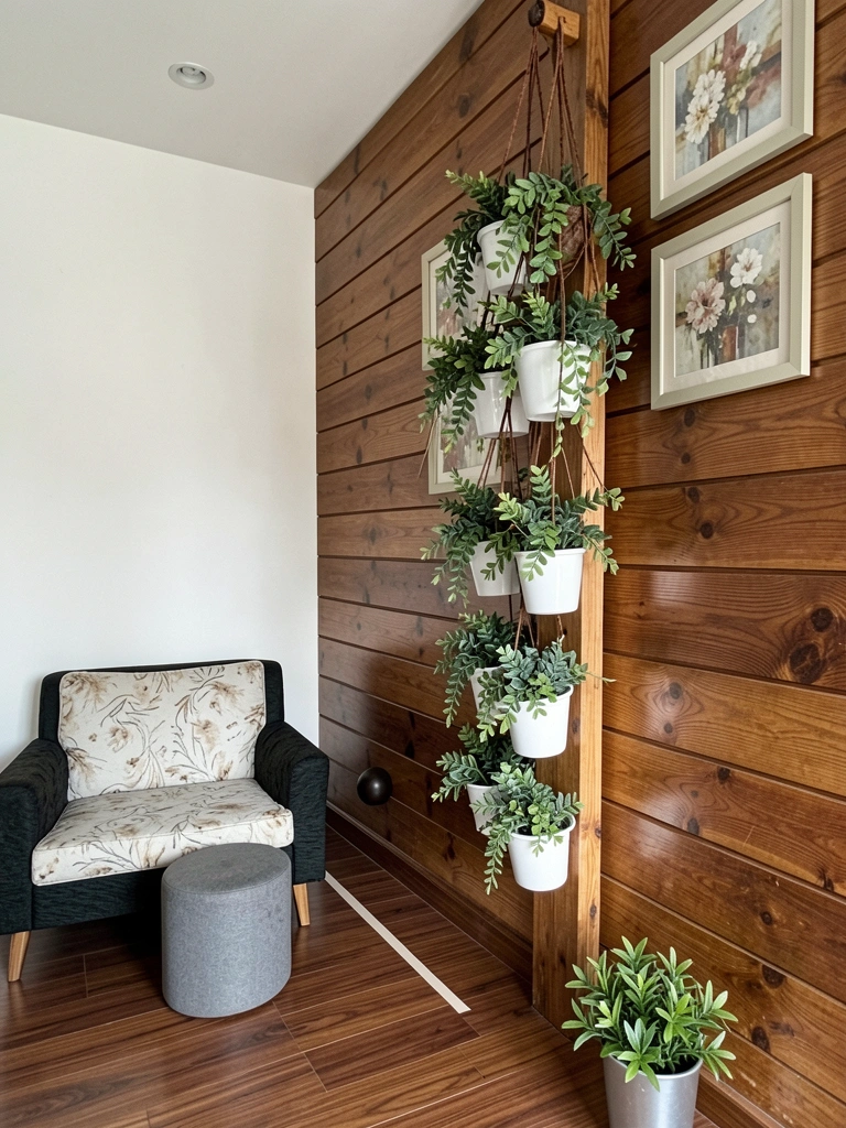 Vasos de cerâmica com plantas de folhagem verde sobre prateleira de madeira contra parede de concreto.