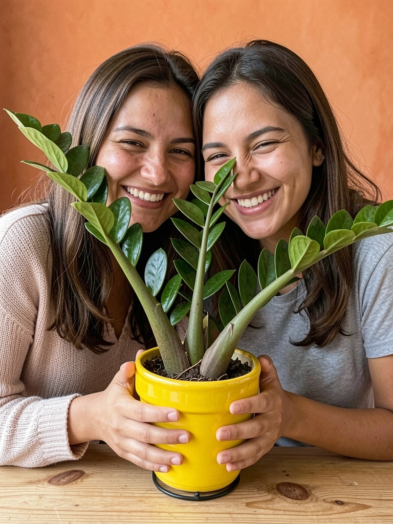 Duas amigas se abraçam, uma segura um vaso de planta, sorrindo em ambiente iluminado