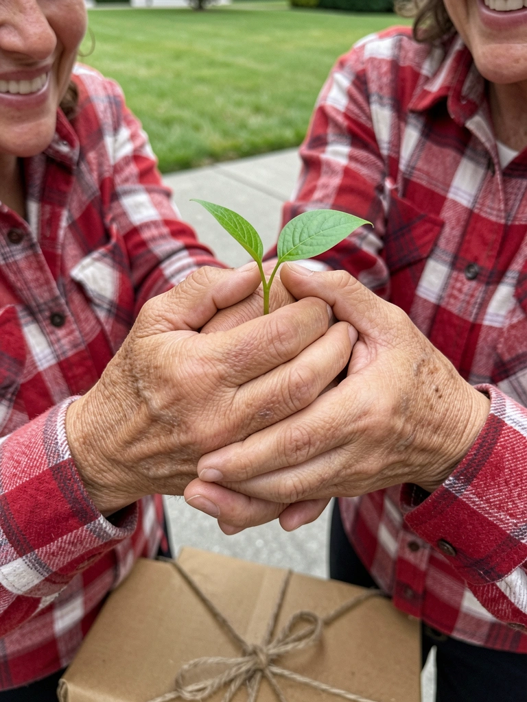 Mãos entrelaçadas segurando um pequeno broto verde com folhas
