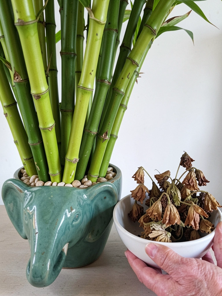 Vaso de planta ao lado de buquê murcho, contraste entre o verde vivo e as flores secas