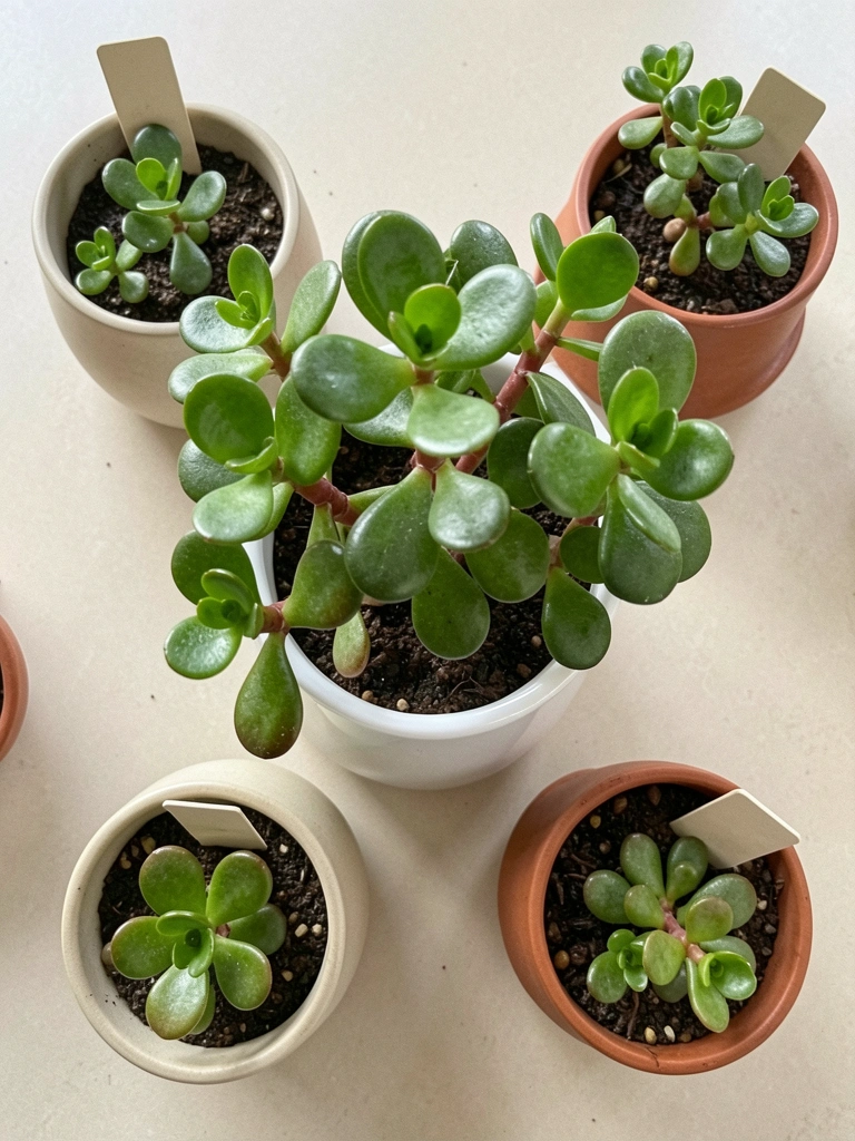 Sete vasos de plantas com etiquetas de identificação dispostos sobre superfície clara