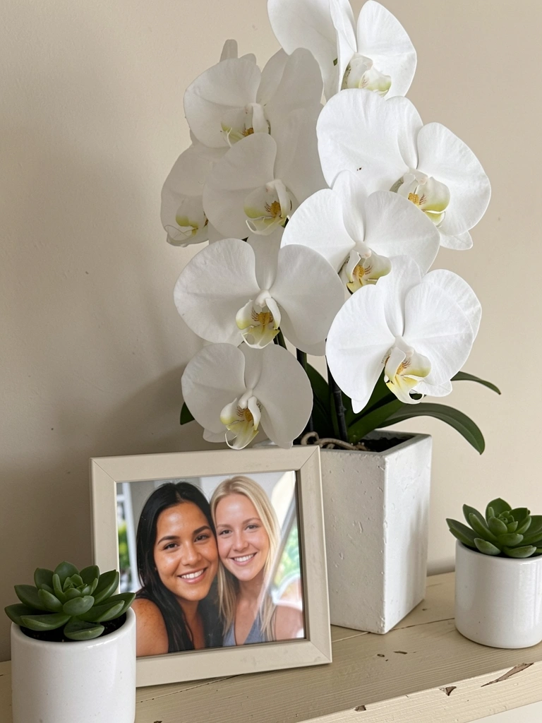 Vaso com orquídea branca sobre superfície neutra, iluminação natural suave
