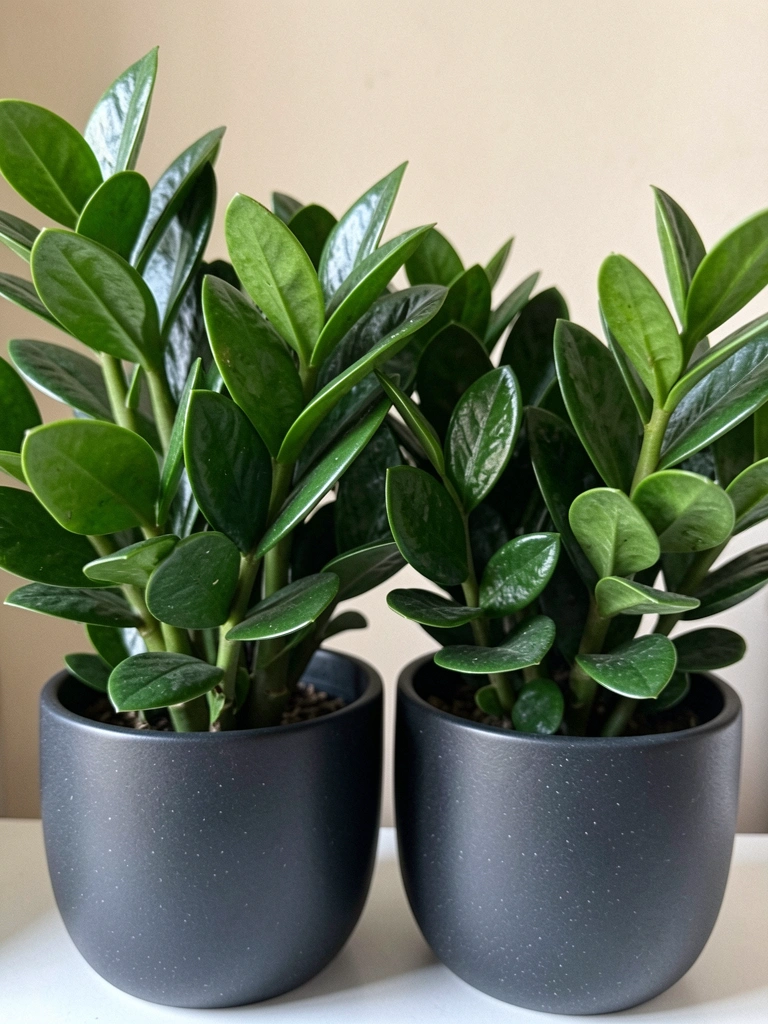 Vaso escuro com zamioculca de folhas verdes brilhantes em ambiente interno