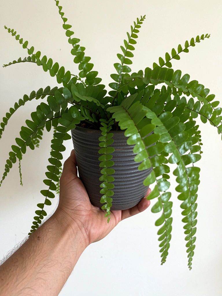 Samambaia pendurada com folhas verdes vibrantes em vaso de fibra natural.