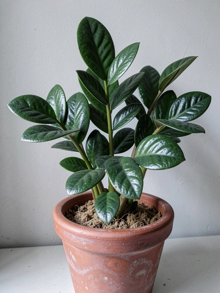 Vaso decorativo com Zamioculca de folhas verdes e brilhantes.