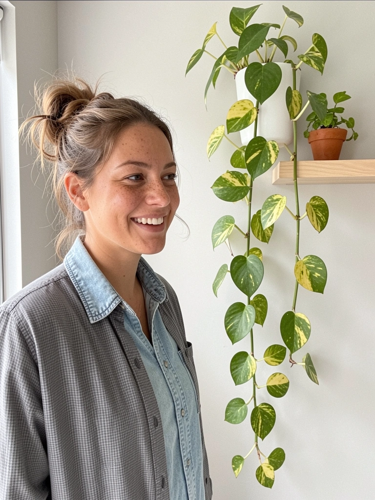 Planta jiboia com folhas verdes e amarelas enrolando-se em suporte de parede branco.