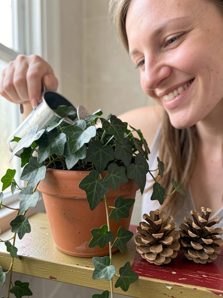 Pessoa regando uma planta em vaso dentro de um banheiro claro.