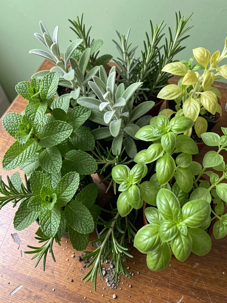 Colagem de plantas aromáticas com etiquetas de identificação