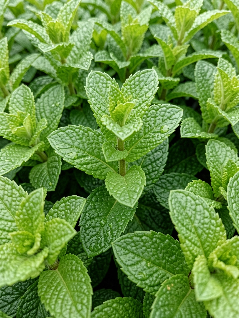 Folhas verdes de hortelã com gotas de orvalho sobre a superfície