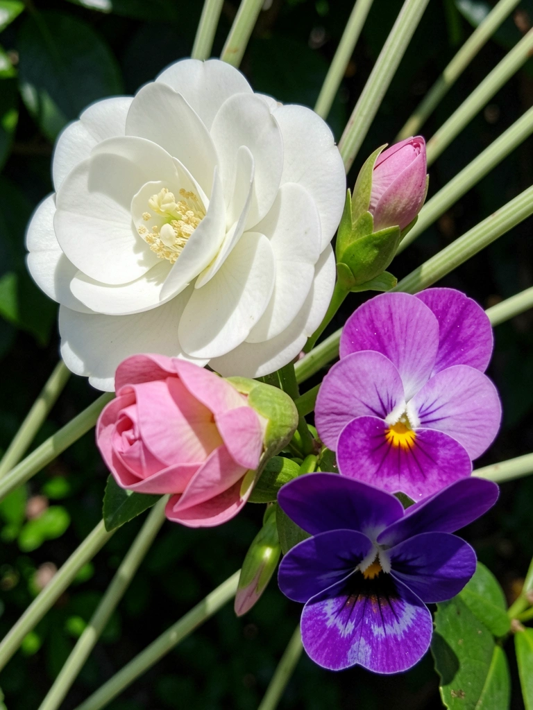 Jardim com camélia rosa, flor-de-maio laranja e amor-perfeito roxo sob luz suave.