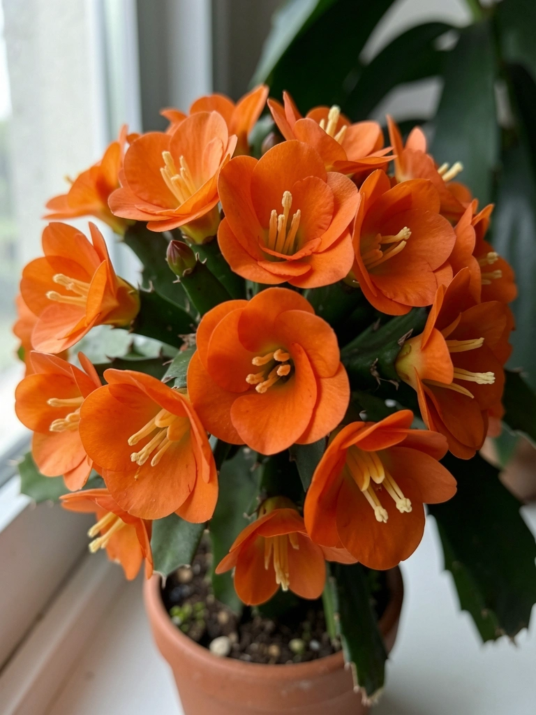 Vaso com flor-de-maio de flores laranjas sobre superfície clara.