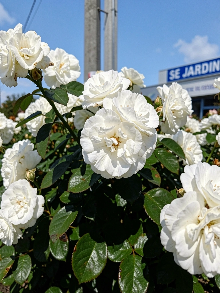 Roseira iceberg com flores brancas desabrochando em galhos verdes.