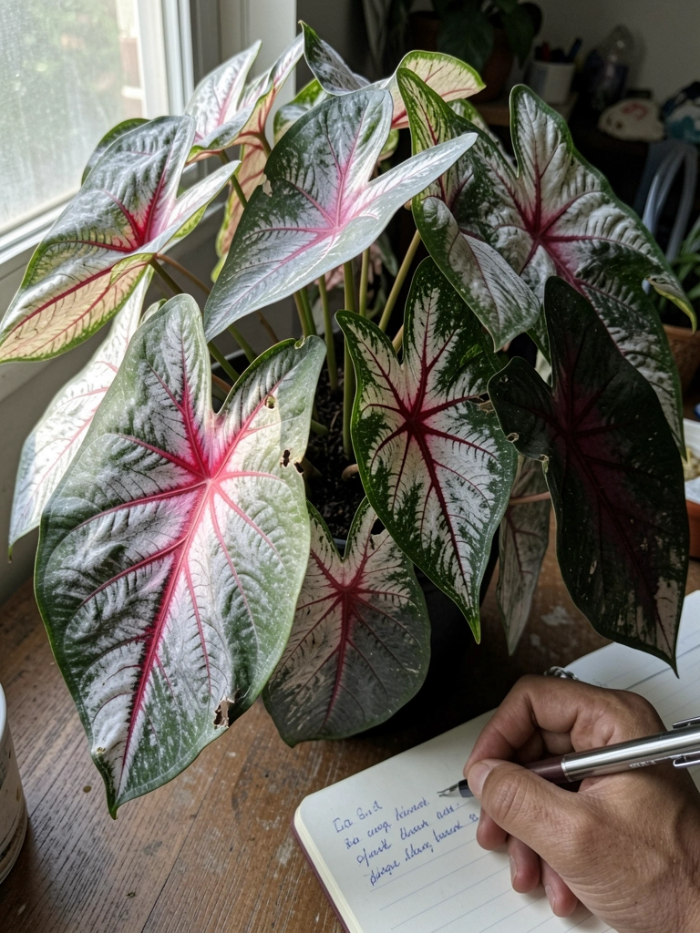 Mão segurando caneta sobre caderno aberto ao lado de vaso com folhagens sob luz da manhã