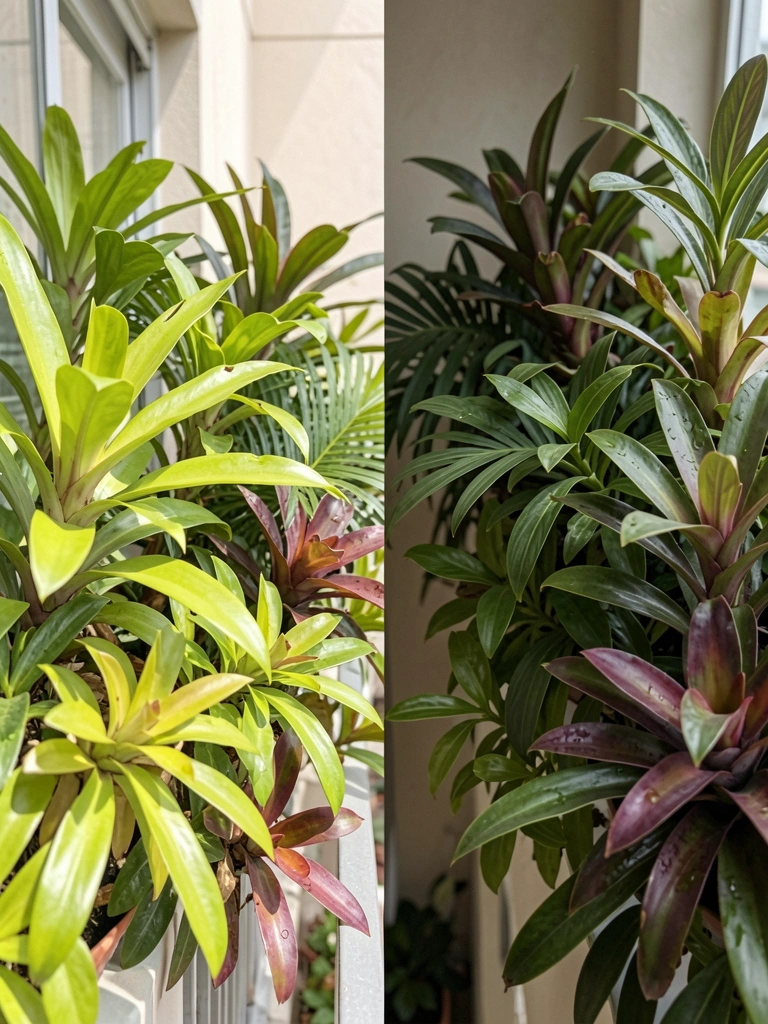 Duas varandas vizinhas, uma sob sol direto e outra à sombra, com vasos de plantas em ambas.