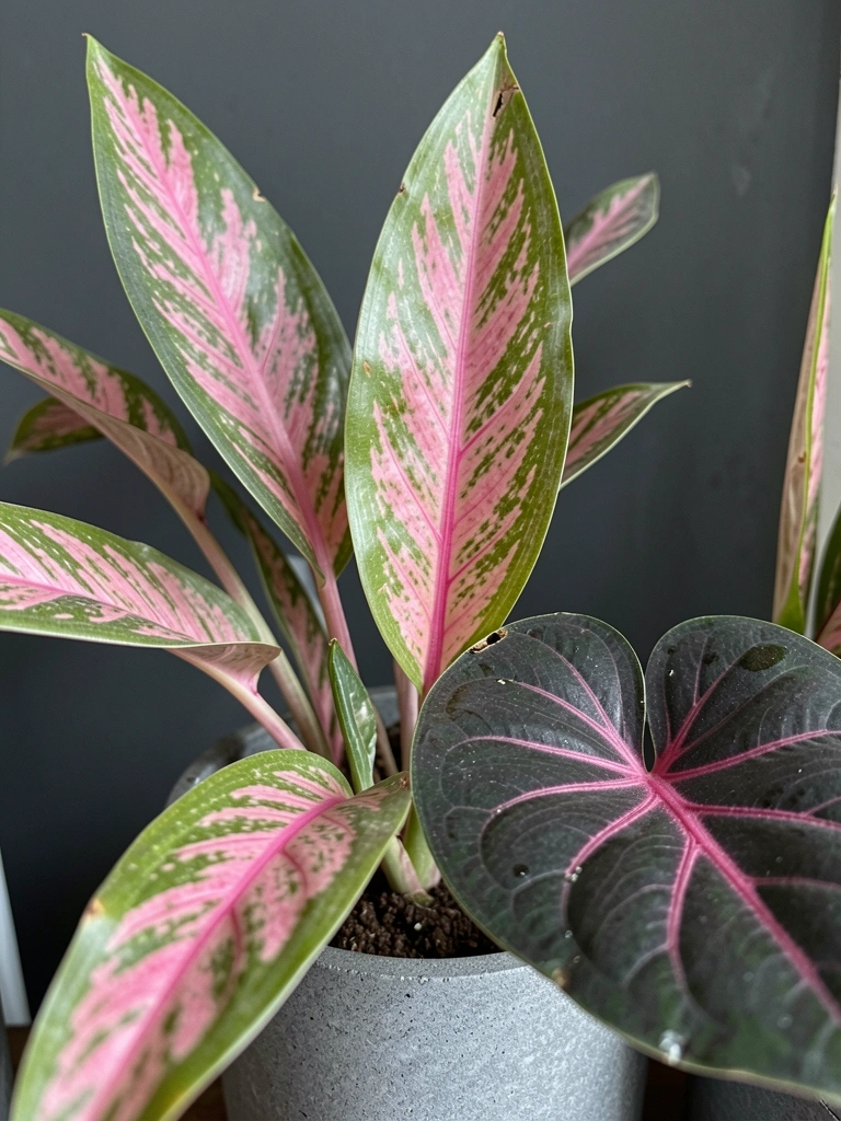 Folhas de maranta e calateia em close, com padrões rosa e verde sobre fundo escuro