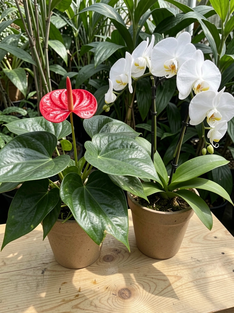 Antúrio vermelho e orquídea phalaenopsis branca em vasos sobre mesa de madeira clara