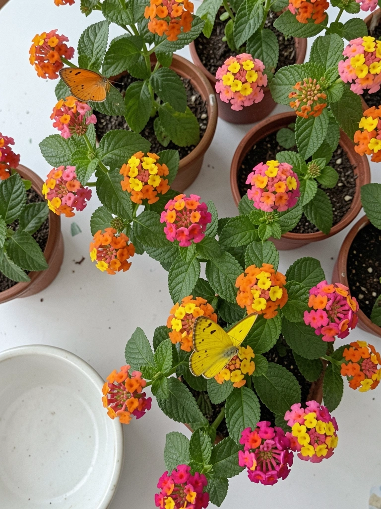 Lantana com flores coloridas e uma borboleta pousada em uma das flores