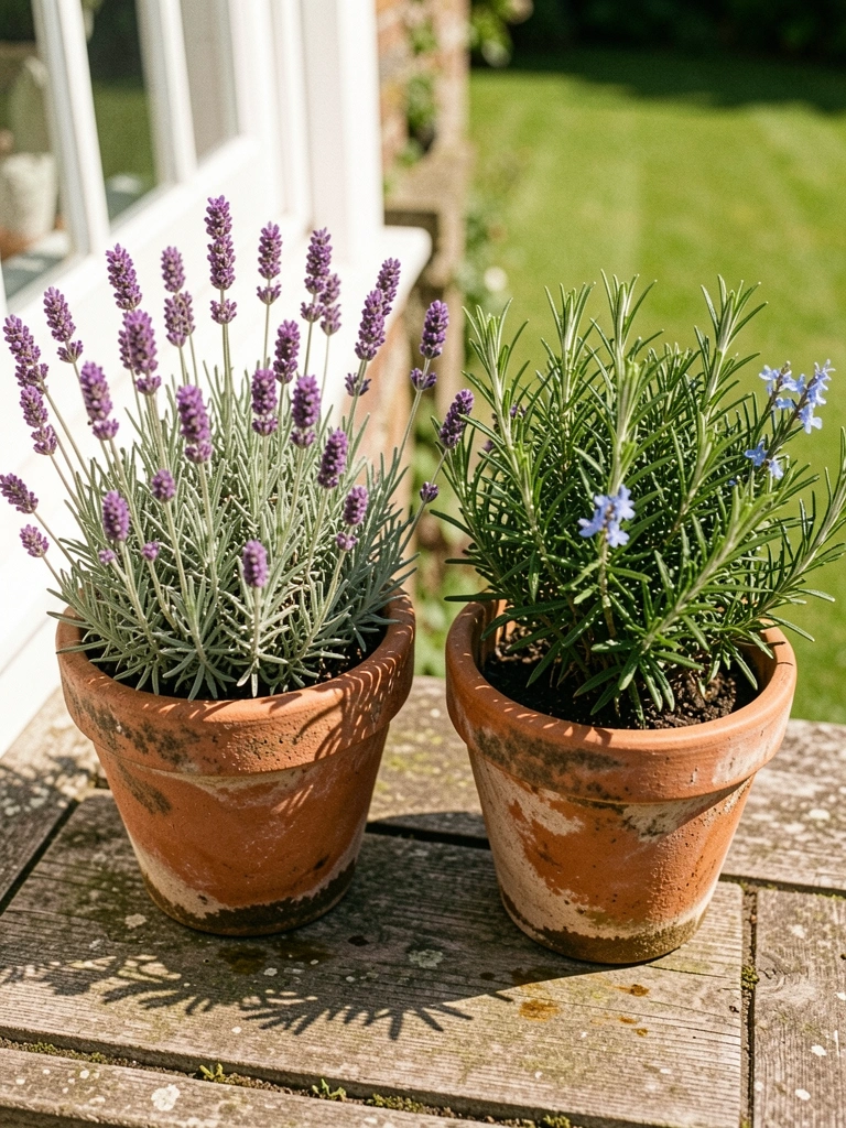 Vasos de barro com lavanda e alecrim dispostos em um jardim ensolarado