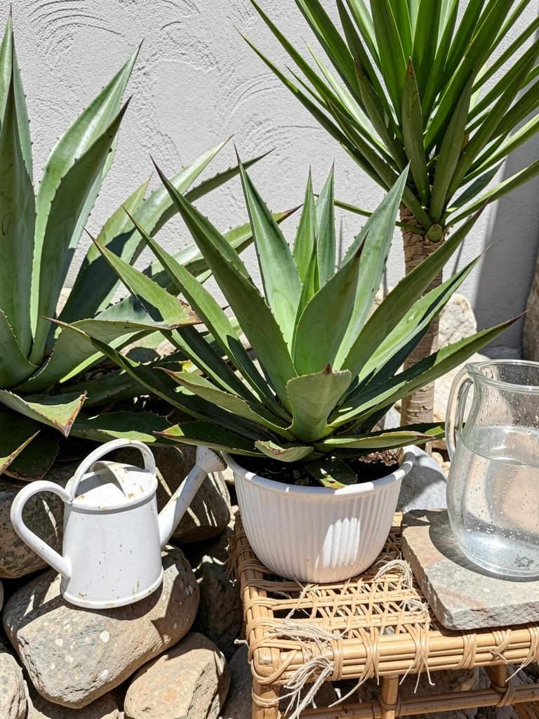 Agave e yucca em jardim de pedras sob sol forte