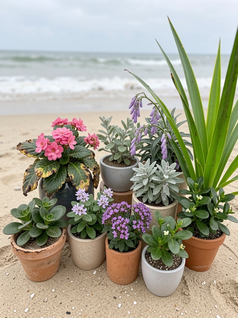 Folhas de planta com pontas queimadas pelo sal, em areia de praia