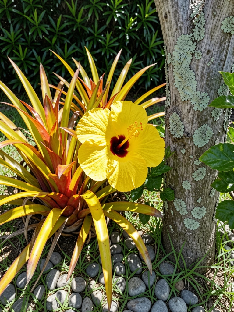 Flor de hibisco da praia com pétalas rosa vibrante, folhas verdes e fundo desfocado de jardim litorâneo.