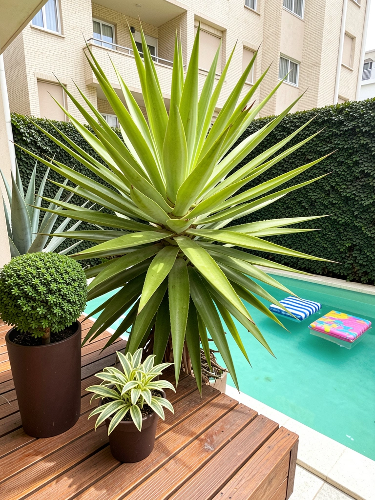 Vasos de cerâmica com aloe e agave em área externa com areia ao fundo