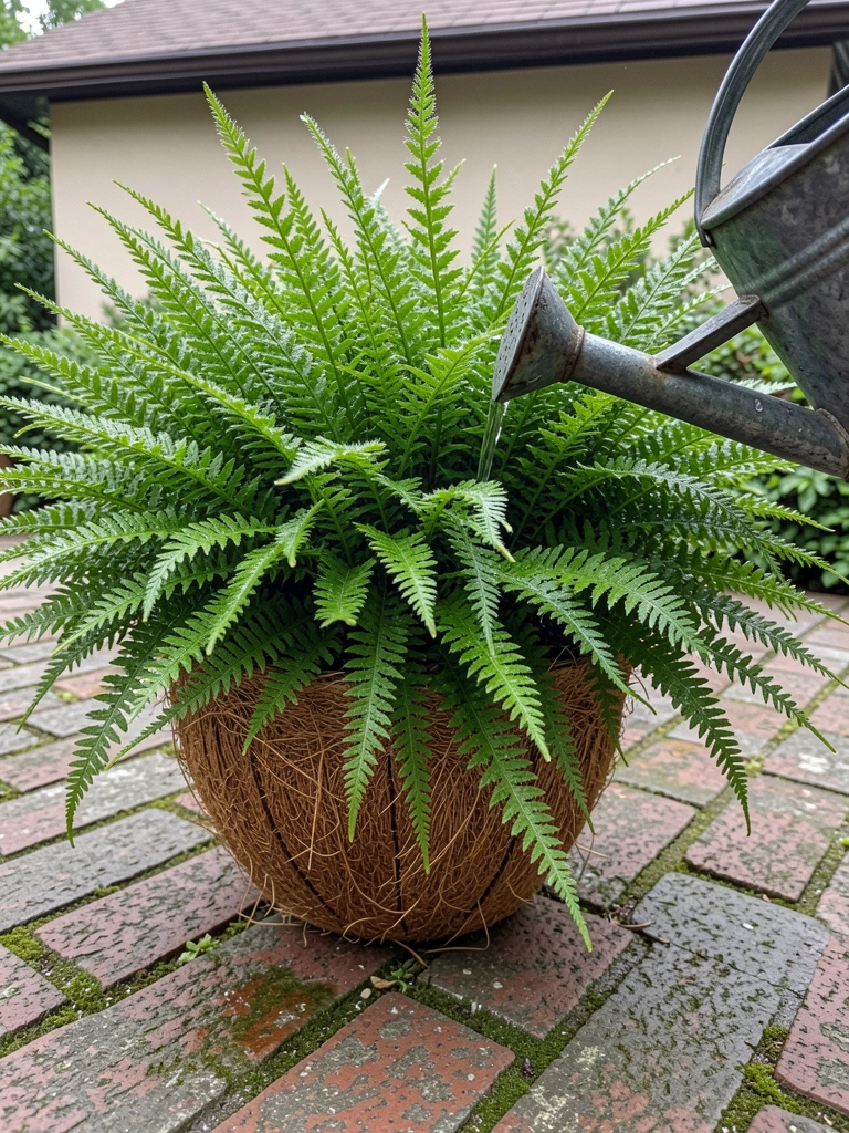 Regador despejando água sobre planta em vaso de fibra de coco