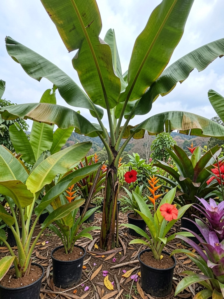 Folhagens tropicais e flores vibrantes em um jardim colorido