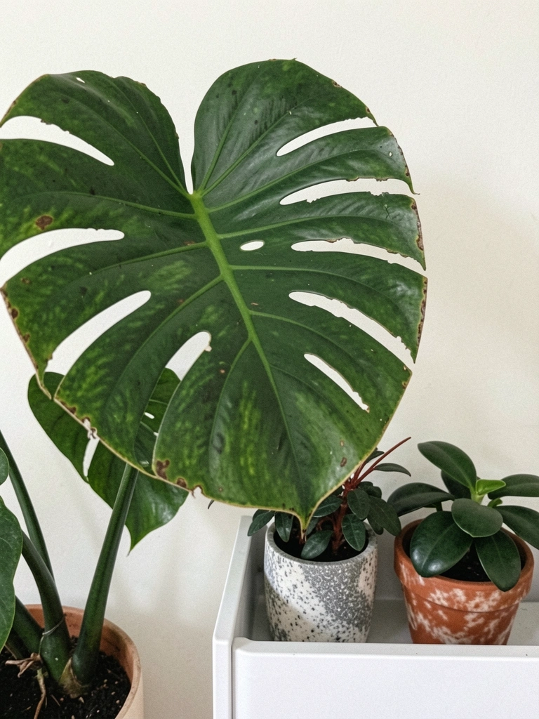 Vaso de cerâmica com planta tropical ao lado de jardineira de madeira