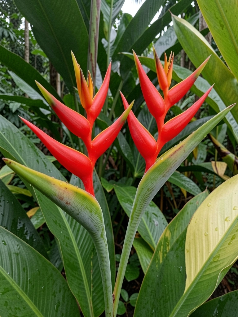 Helicônia com flores vermelhas e folhas verdes em close