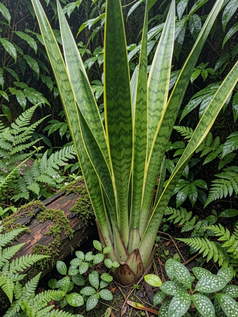 Planta lança-de-são-jorge alta em canto de jardim, com folhas verdes e amarelas