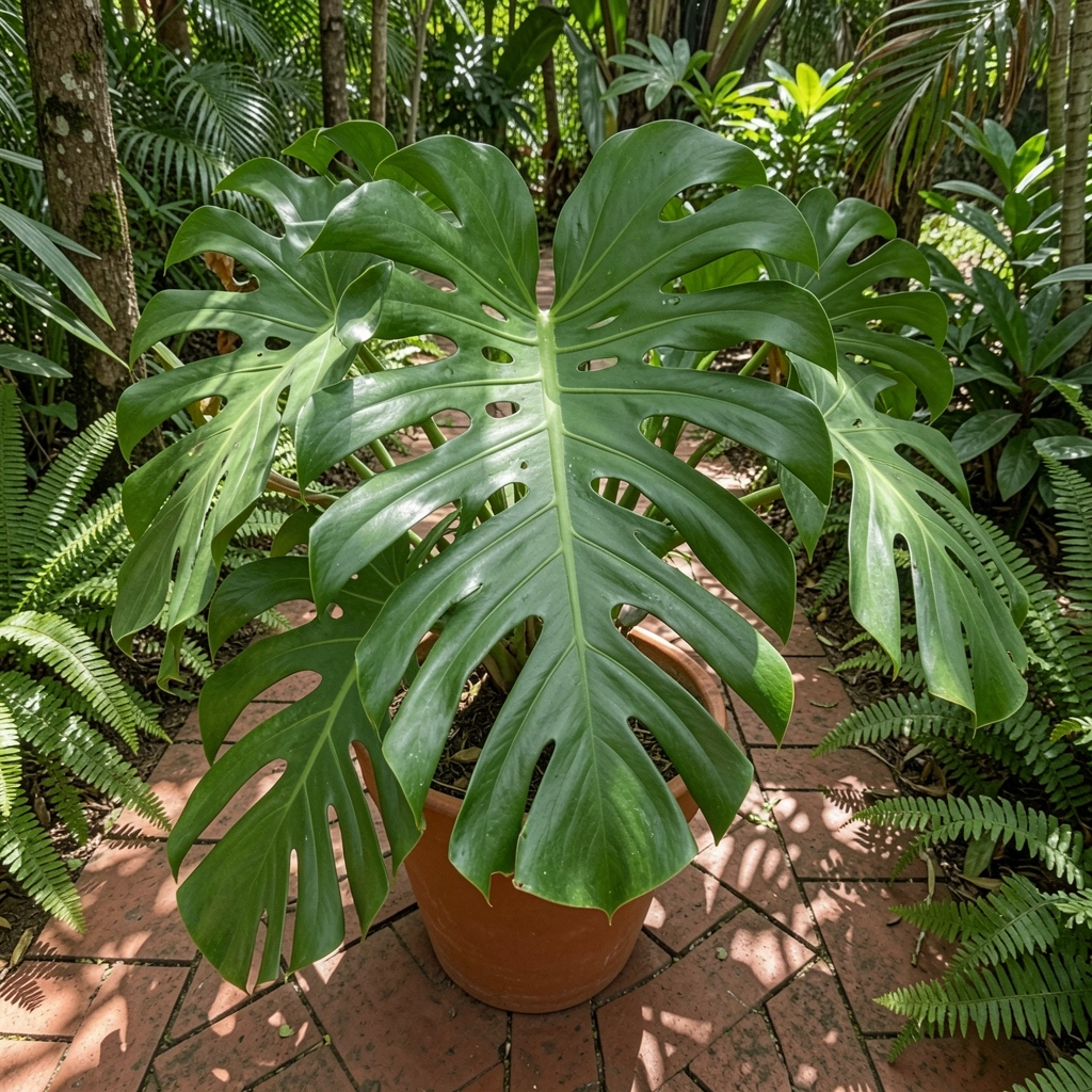 Folhas verdes de costela-de-adão em vaso de cerâmica