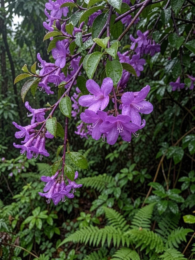 Galhos de quaresmeira com flores roxas contra o céu claro