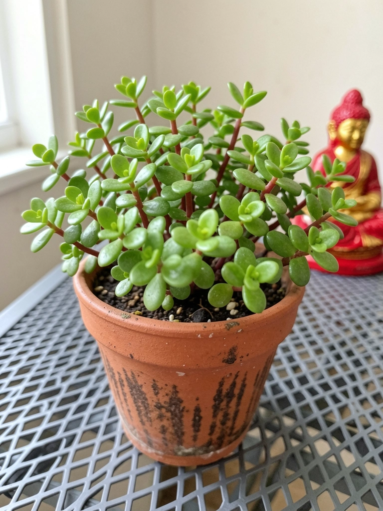 Portulacaria afra em vaso de cerâmica com folhas pequenas e caules avermelhados sob luz natural