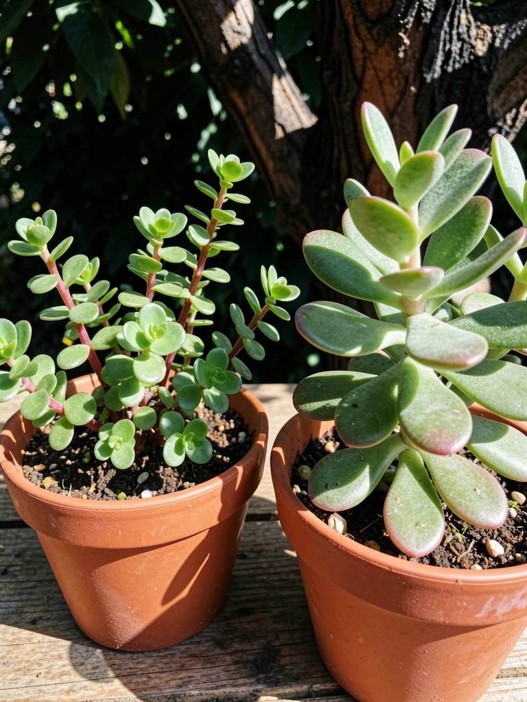 Vasos lado a lado de portulacaria e crassula ovata sobre superfície clara