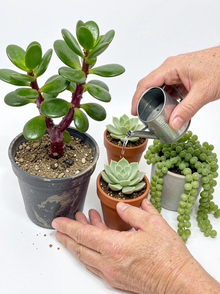 Mãos regando suculentas em vasos distintos com substrato seco